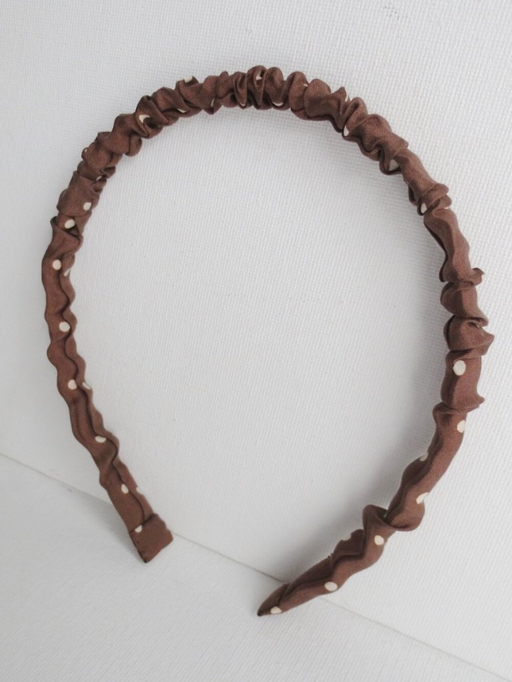 New Handmade Silk Headband in Tan Beige White Polka Dot Print Pattern